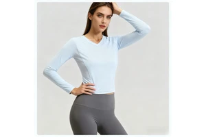 Women's Yoga Workout Tank Top Long Sleeve Quick Dry Sweat-Wicking Breathable V-Neck Back Mesh Sports Fitness Wear