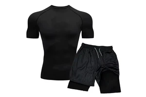 Men's Compression Gym Set Short Sleeve T-Shirt and 2-in-1 Compression Shorts Round Neck Seamed Men's Yoga Tops for Flexibility