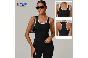 Custom Logo Women's Fashion Contrast Color Side Stripe Sports Yoga Sleeveless Vest Gym Sports Training Moisture-Wicking Yoga Top