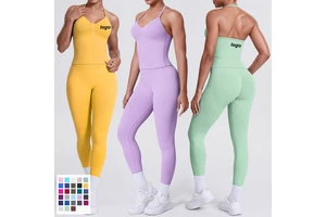 Custom Logo Seamless Yoga Tank Top Set Tummy Control Gym Clothes Halter Vest Top High Elastic Sweatpants Outfits Running Wear