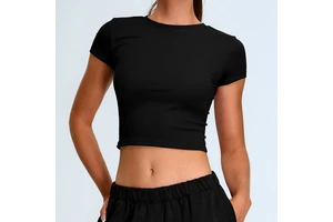 Custom Logo Sweat-Wicking Breathable Quick Dry Four-Way Stretch Spandex/Nylon Women's Yoga Crop Top Crew Neck Short Sleeve