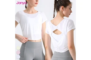 Janya Quick Dry Crew Neck Hollow Out Back Cover up Yoga Shirts Breathable Mesh Crop Top Pullover Workout Short Sleeve Yoga Shirt