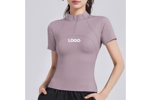 Oem Wholesale Summer Custom Women'S Quick Dry Slim Fit Half Zip Yoga Tennis Tops Short Sleeve Gym T-Shirt With Back Mesh Design