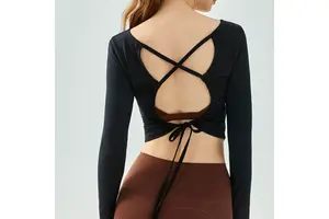 Wholesale Custom Logo Open Cross Hollow-out Back Long Sleeve Yoga Top for Women