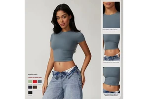 Women's Casual Versatile Tight-Fitting Quick-Dry Spandex/Nylon Short Sleeve 220g Solid Fitness Top Yoga Wear Running In-Stock