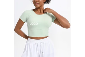 Women's Quick-Dry Breathable Short Sleeve Crop Top Solid Color High Elasticity Pilates Yoga Fitness Top