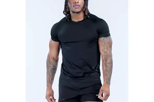 Custom Logo Men Slim Workout Raglan Short Sleeve Crewneck Compression Breathable Polyester Spandex Stretchy Solid Blank Training