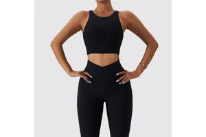 Women High Stretchy U-Neck Open Back Breathable Soft Bra V Cut Ribbed Quick Dry Gym Leggings With Pockets Yoga Set