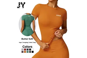 JY Wholesale Plus Size Womens Breathable Lightweight Gym Fitness Yoga T-Shirts Short Sleeve Crewneck Active Stretch Skinny Fit
