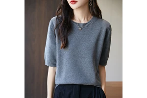 Crew Neck Pullover Loose Plus Size Double Stretch Thick Anti Pilling Knitted Short Sleeve T Shirt For Women Solid Color Daily