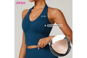 Janya Women's Gym Fitness Longline Tops Halter Backless Design Deep V Neck Yoga Tank Top Seamless Sports Bra with Removable Pads