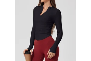 Wholesale Women Ribbed Half Zip Long Sleeve Top Second Skin Slim Stretch for Yoga Training Fitness