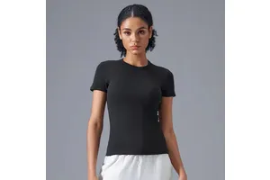 Women Customizable Cotton Ribbed Soft Solid Color O-Neck Fitness Wear Shirts Sportswear Regular Breathable Yoga Short T-Shirts