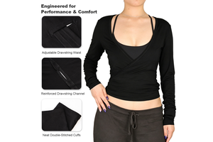 Women Lightweight Solid Fashion Long Sleeve Wrap Yoga Top Deep V Neck Tie Waist Cropped Workout Breathable Soft Stretchy Low MOQ