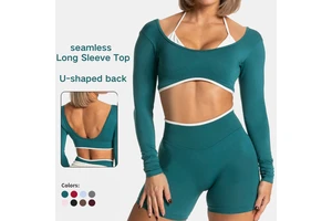 Seamless Yoga Top Women Tight Fit Long Sleeve U Back Contrast Edge Quick Dry Stretch Breathable Workout Shirt Gym Top