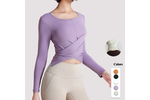 Women's New Slim Yoga Sports Top Long Sleeve Casual Running T-Shirt Solid Quick-Dry Fitness Clothing Cross Button Breathable