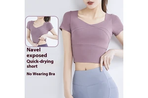 Women's Short-Sleeved Yoga Top Quick-Drying Breathable Fitness Clothes with Chest Pad Compression Sports Tight for Running