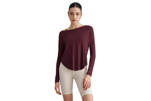 Wholesale Women's Modal off Shoulder Yoga Top Lightweight Breathable Loose Fit V-neck Workout Shirt Front Logo Sweat-Wicking