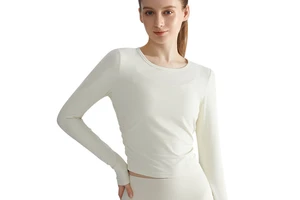 Latest Design Ribbed Long Sleeve Soft Skin Friendly Side Pleats Slim Fit Yoga Daily Outdoor Antibacterial Breathable Ladies Tops