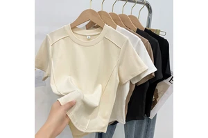 RNSHANGER Fashion Solid Color Round-neck Short Sleeved T-shirt for Women Summer Slim Fit Daily Ladies T Shirts