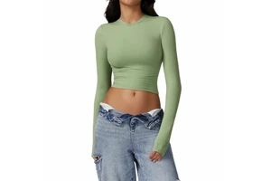 Women's Long Sleeve Cropped Tops Breathable Spandex/Nylon Plaid Gym Shirts for Yoga Workout Compression Yoga Clothing