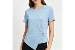 OEM Wholesale Customize Lightweight Spandex/Polyester Short Sleeve Crew Neck Asymmetrical Design Fitness Wear Women's Yoga Top