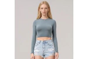 Women's Slim-fit Spandex/Nylon Crew Neck Quick-drying Long-sleeved Yoga Sports T-shirt Solid Color