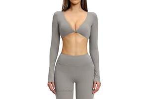 Casual Cross-Border Women Yoga Long Sleeve V-Neck Crop Sports Top Outdoor Running Gym Fitness Activewear Shirt Top Workout