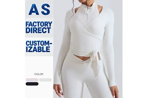 Women Halter V-neck Wrap Yoga Top Long Sleeve Side Tie Crop Lightweight Four-Way Stretch Breathable Workout Running Fitness