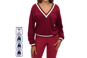 Premium Polyester Cotton V Neck Loose Sports Sweatshirt Women Long Sleeve Casual Outdoor Running Training Yoga Top