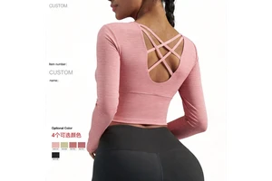 Custom Nylon Spandex Quick Dry Slim Fit Cross Back Women Long Sleeve Yoga Top with Built-in Bra for Gym Yoga Fitness Workout