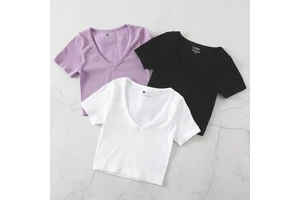V Neck Slim Fit Ribbed Seamless Short Sleeve Top Quick Dry For Fitness Outdoor Running Casual Wear Yoga Tailored Top For Women