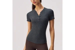 Women's Summer Slim Fit Henley Neck Short Sleeve Ribbed Crop Top 94% Viscose 6% Spandex Casual Yoga T-Shirt