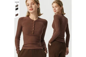 Factory Direct Sale New Yoga Wear Women's Round Neck Button Long-Sleeved Breathable High Elastic Lightweight Sports T-Shirt