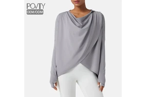 POVTY Custom Design Pattern Women's Hooded Cowl Neck Long Sleeve Thumb Hole Yoga Sports Top Ultra Soft Shirts OEM Service
