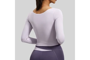 Honey Peach Color-Blocked Long-Sleeved Yoga Top Breathable Lightweight Spandex/Polyester Slim-Fitting for Women's Sports Running