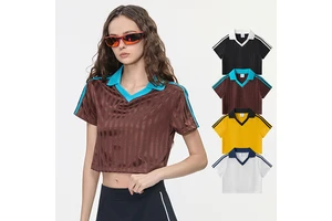 Drop Shipping Custom Logo Soccer Style Women's Crop Polyester T Shirts With Striped Jacquard Summer Lightweight T-shirts