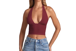 Women's Summer Workout Essentials Solid Print Deep V Halter Neck Tank Tops Padded Yoga Fitness Top with Backless Design
