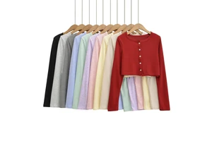 Women's Sexy Button-Down Crop Tops Lightweight Breathable Long Sleeve Round Neck Slimming Yoga Shirt