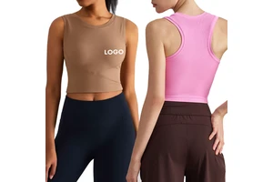 High Quality Women's Sleeveless Ribbed Breathable Longline Crew Neck Yoga Racerback Padded Sports Bra Slim Fit Workout Crop Tank