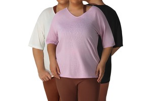 P02505 Women Top Plus Size V Neck Short Sleeve Loose Breathable Quick Dry Smock Over Size Workout Outdoor Yoga T-shirt