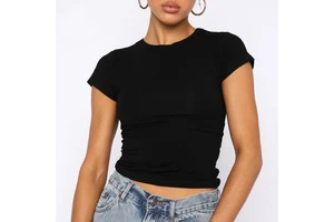 Women's Plain Short Sleeve Yoga Fitness Gym T-Shirts Scoop Neck Slim Fitted Crop Top