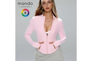 Custom Logo Women's Zip up Yoga Jacket Polyester Spandex Thumb Holes Gym Top With Pockets Bulk Wholesale OEM