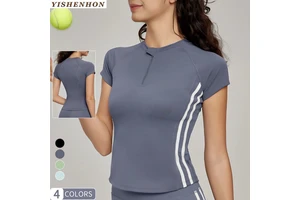 YISHENHON Women's Summer Solid Half-Zip Fitness Top Yoga Short-Sleeved Sport Top Quick Dry and Breathable for Adults