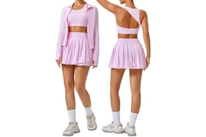 Custom Women's Summer Ice Silk Gym Fitness Sportswear Long Sleeve Tops Tennis Skirts Yoga Set With Solid Pattern Shorts Length
