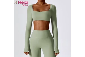 Custom Workout Fitness Clothing Nude Sense Shockproof Quick Dry Removable Cups U Neck Slim Fit Long Sleeve Yoga Tops for Running