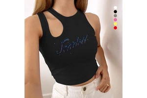 Summer Custom Logo Ladies Casual Asymmetrical Neck Crop Top Solid Color Rib Knitted Women Rhinestone Tank Top