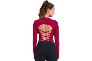 Women's Plus Size Reversible Long Sleeve Yoga Top Built-in Bra-Cross Back Skinny Fit Four-Way Stretch Breathable Workout Top