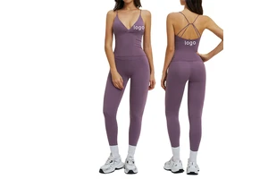 Custom LOGO Reversible Seamless Solid Deep V Neck Tank Top Cross Waist Leggings Acrivewear Stylish Naked Gym Sportswear Yoga Set