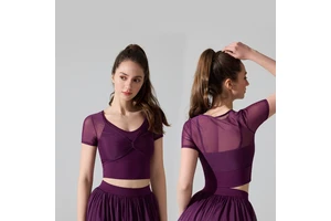 Roregal Women Two-Piece Look Workout Short Sleeve Top Fixed Pad Breathable Yoga Shirt with Mesh Design